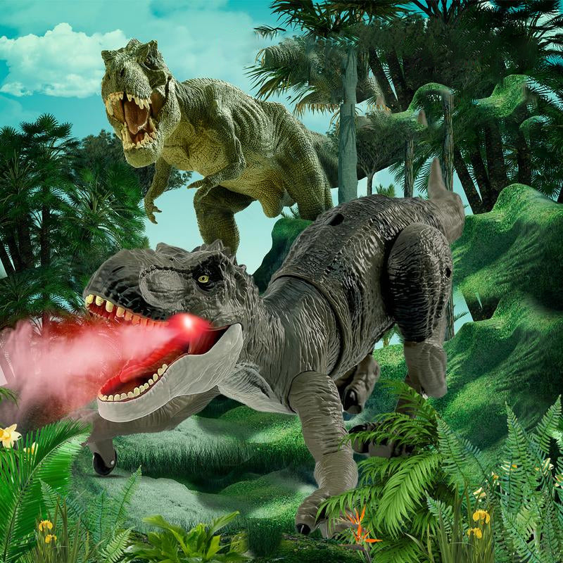 "Ferngesteuerter Dinosaurier mit Nebelspray, grüne Schuppen, bewegliche Gliedmaßen, realistische Dino-Funktionen"