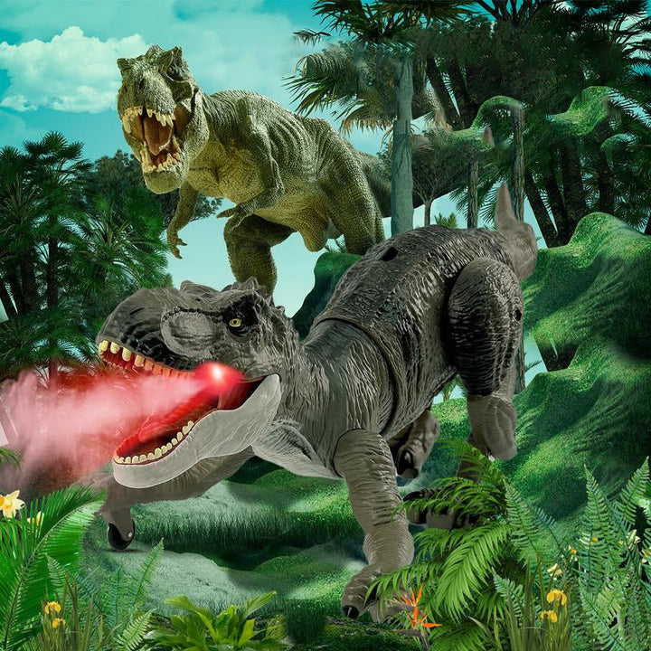 "Ferngesteuerter Dinosaurier mit Nebelspray, grüne Schuppen, bewegliche Gliedmaßen, realistische Dino-Funktionen"