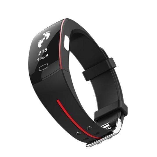 Schwarzes Fitnessarmband mit Schrittzähler, rotem Akzent, digitalem Display, Smartwatch-Funktion.
