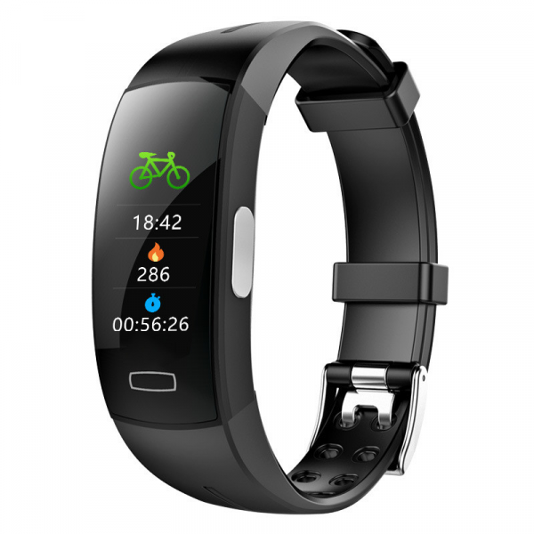 Schwarzes Fitnessarmband mit Touchscreen, Herzfrequenzmesser, Kalorienzähler, Schrittzähler.