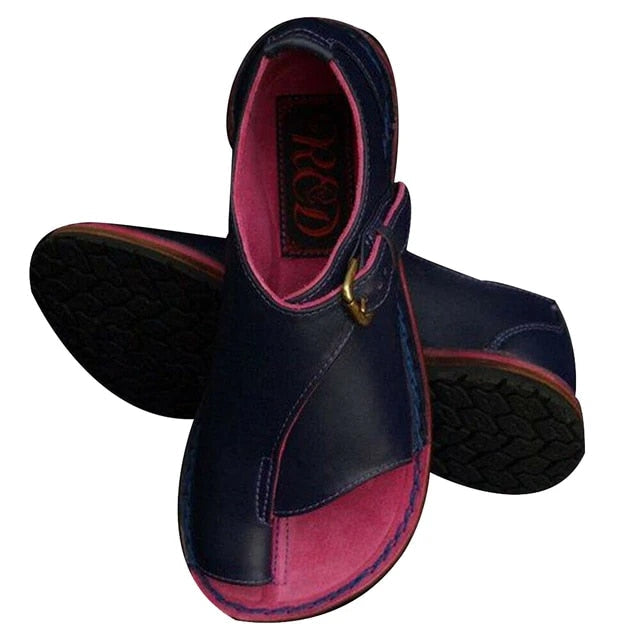 "Flache Elvina Sandalen mit Schnallenriemen in Blau, Hellgrün, Marineblau und Orange, ideal für Sommer und Strand."