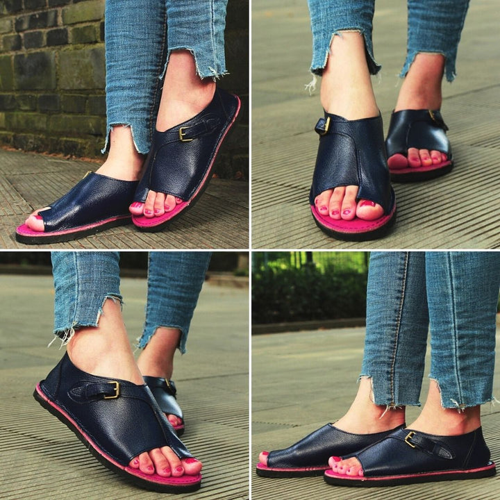 "Flache Elvina Sandalen mit Schnallenriemen in Blau, Hellgrün, Marineblau und Orange, ideal für Sommer und Strand."