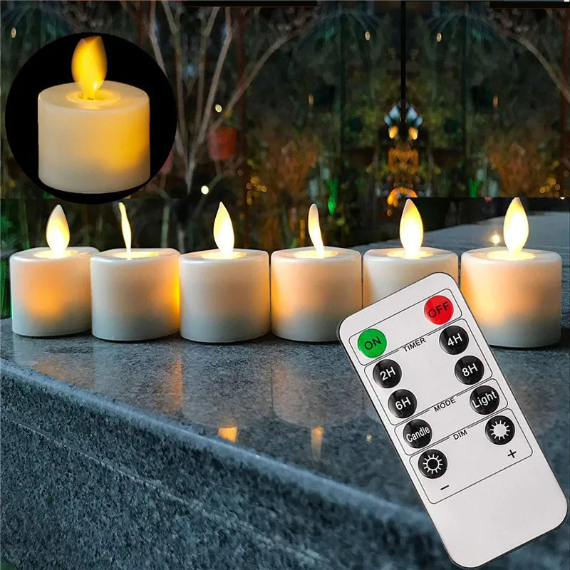 "Flammenähnliche, flackernde LED-Lichterkerzen, elegant, energiesparend, batteriebetrieben, mit Fernbedienung und dimmbar."