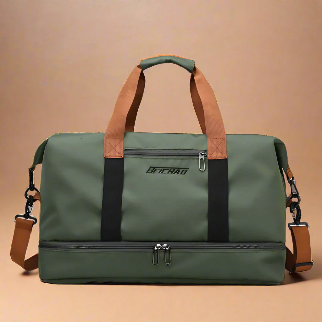 "FlexFit Pro Duffel: Vielseitige, robuste Tasche aus Nylon mit speziellem Schuhfach und abnehmbarem Schultergurt."