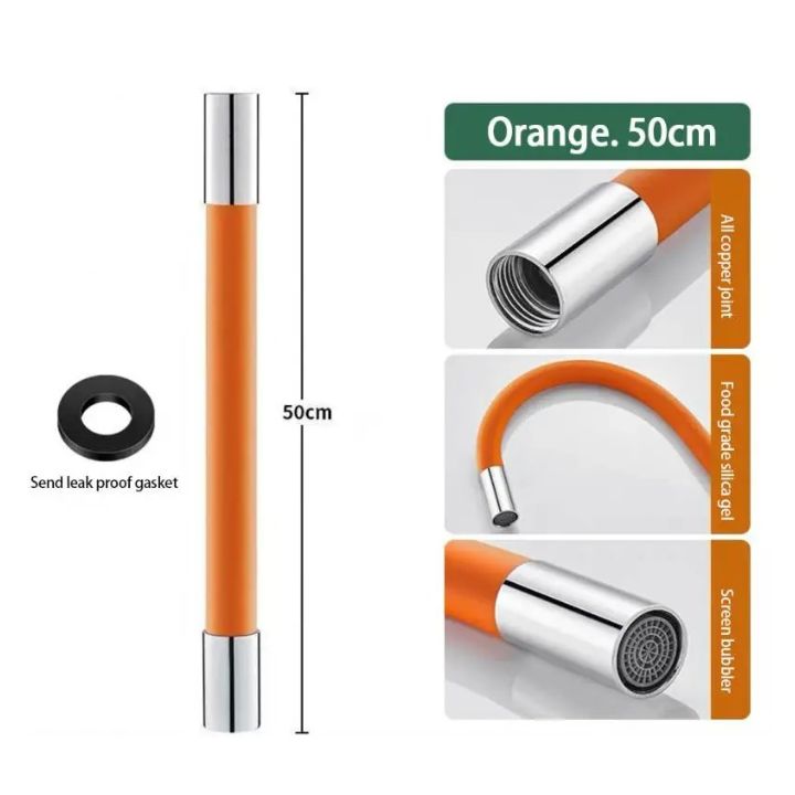 "Flexible 360° Wasserhahnverlängerung, orange-schwarz, in Küche montiert, für mühelose Wassersteuerung ohne Spritzer"