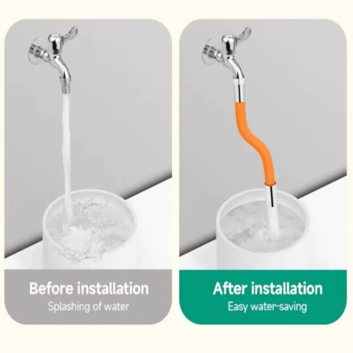 "Flexible 360° Wasserhahnverlängerung, orange-schwarz, in Küche montiert, für mühelose Wassersteuerung ohne Spritzer"