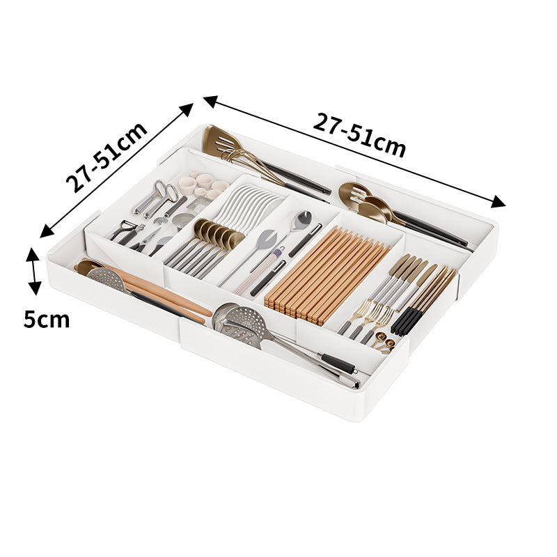 "Flexibler Schubladen Organizer, modernes Design, ideale Küchenorganisation, robust, vielseitig für Besteck und Utensilien."