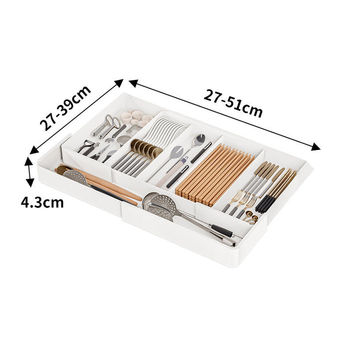 "Flexibler Schubladen Organizer, modernes Design, ideale Küchenorganisation, robust, vielseitig für Besteck und Utensilien."