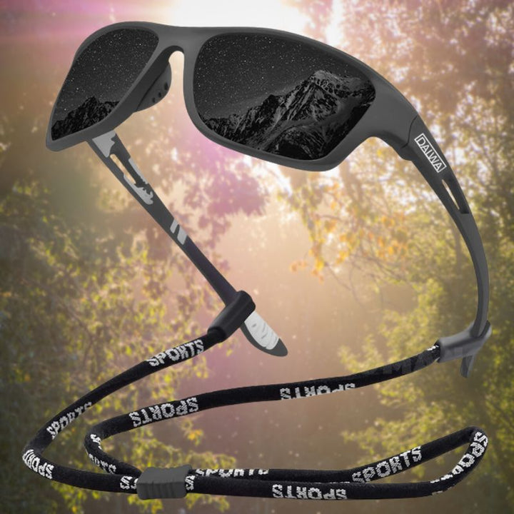 Schwarze Sportsonnenbrille mit Bergreflexion, verstellbarem Band, ideal für Outdoor-Aktivitäten.