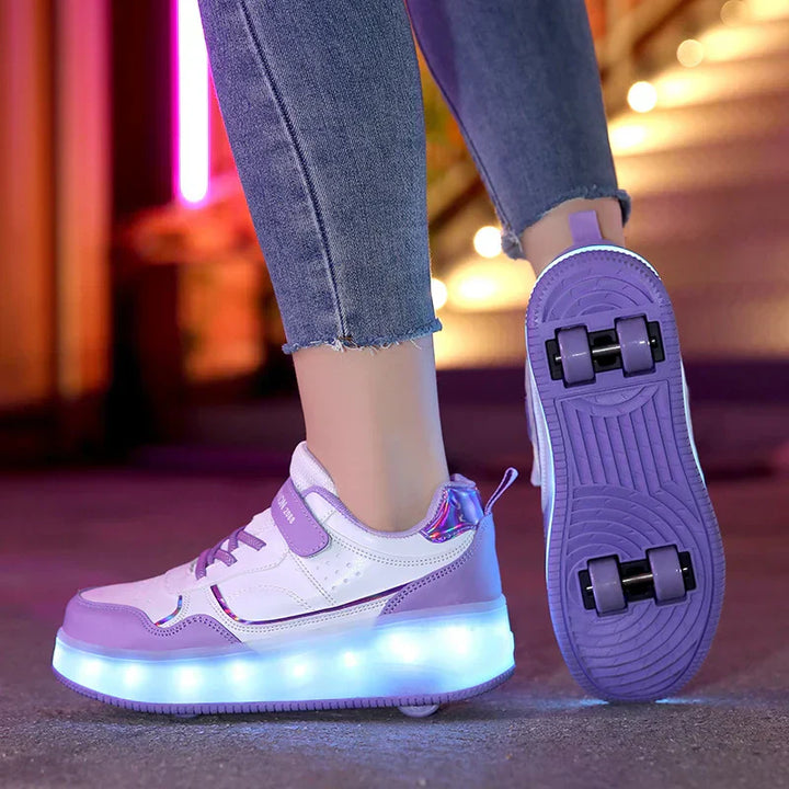 Lila Rollschuhe mit LED-Lichtern, vier Räder, Kinder, verstellbar, modisch.