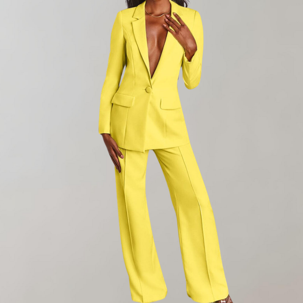 Gelber Damenanzug, Blazer und Hose, elegantes Design, modische Damenbekleidung.