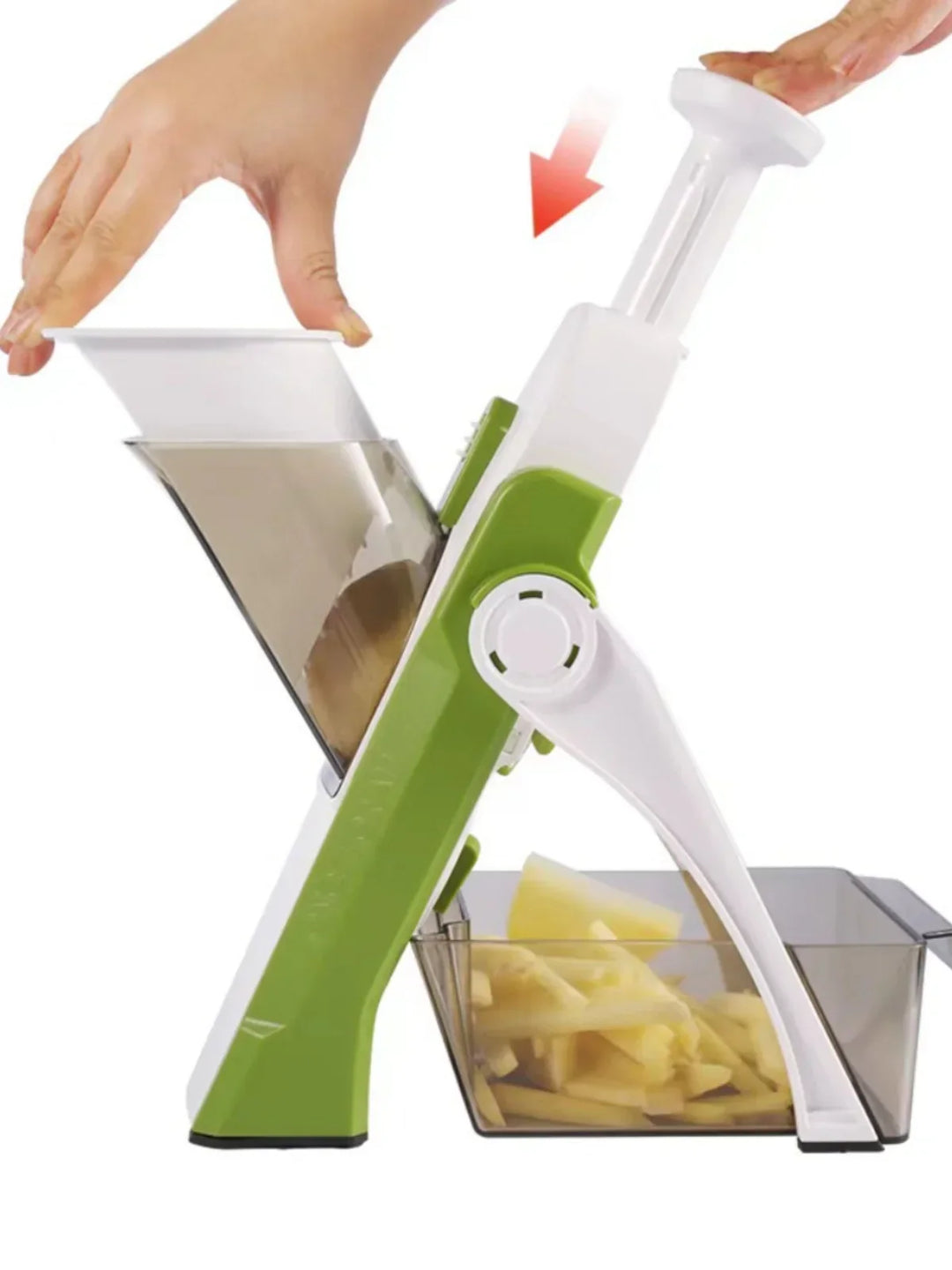 Grüner Gemüseschneider mit Behälter, ideal für schnelles und sicheres Schneiden von Gemüse.