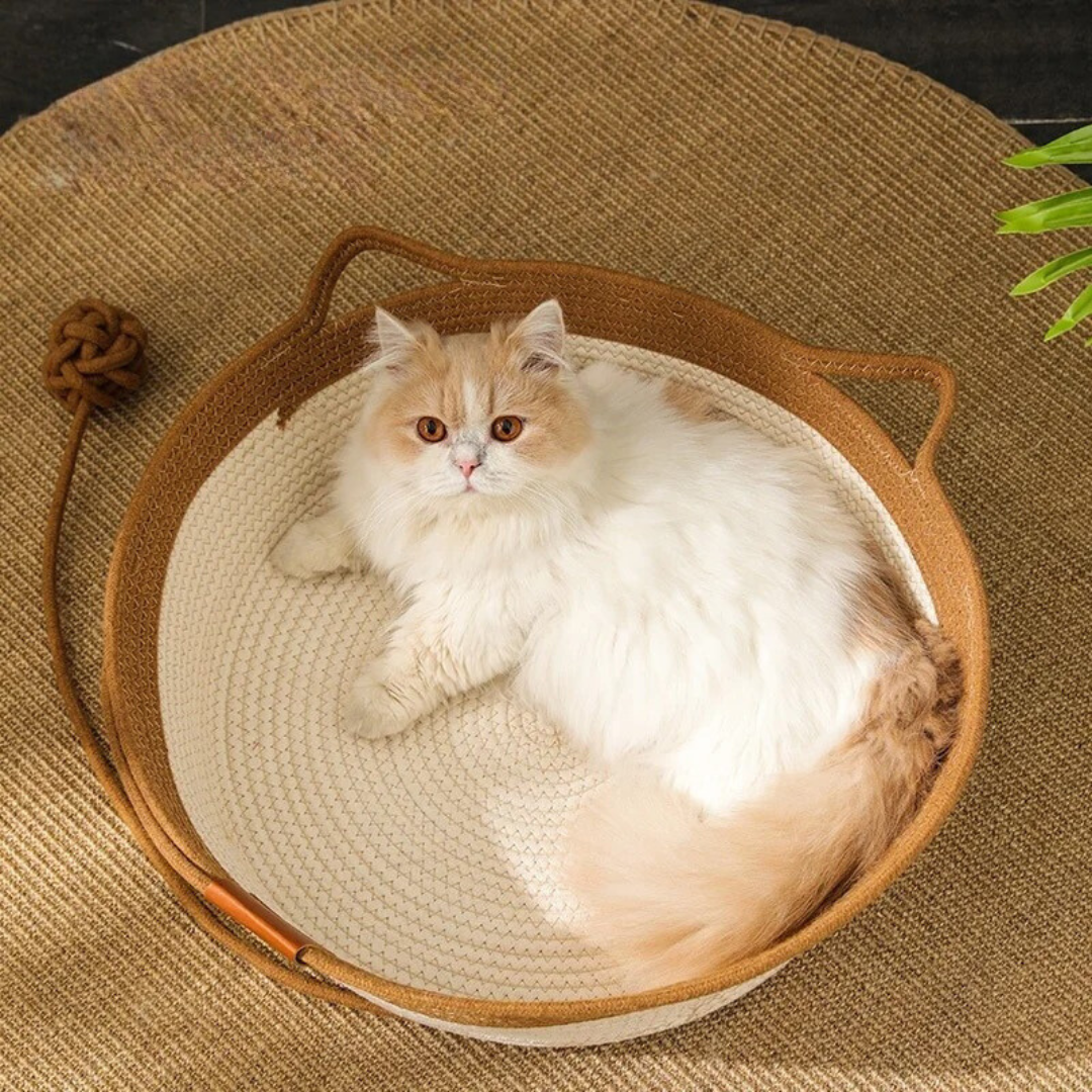 "Gemütliches handgewebtes Baumwollseil-Katzenbett mit hohen Seitenwänden in neutralen Farben für ultimativen Komfort."
