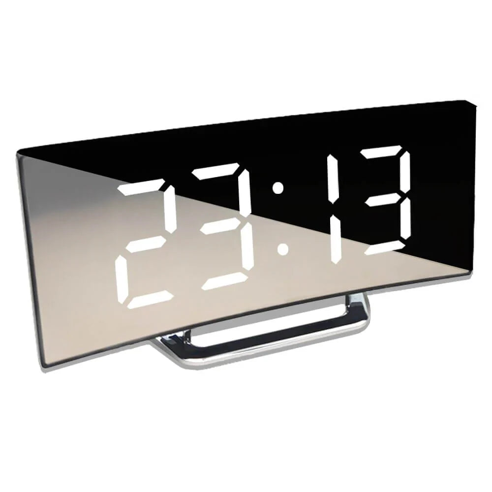 Geschwungener LED-Digitalwecker mit klarer LED-Anzeige und modernem Design für stilvolle Raumdekoration.