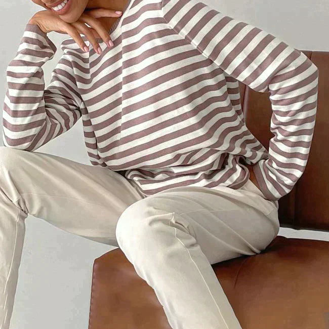 Gestreiftes Langarmshirt Damen, beige-weiß, lässig, Baumwolle, modisch, bequem, Freizeitlook.