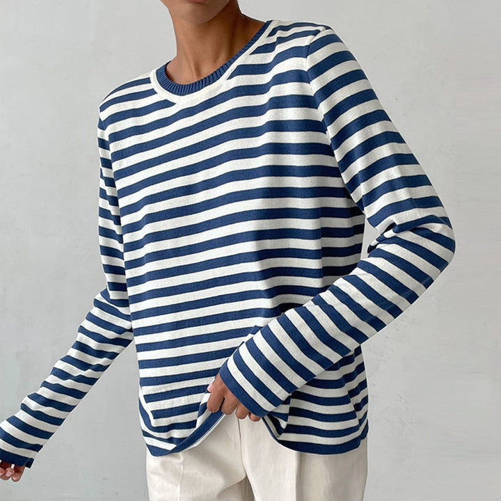 Gestreiftes Langarmshirt blau-weiß, Damenmode, Baumwolle, lässig, stilvoll, bequem.