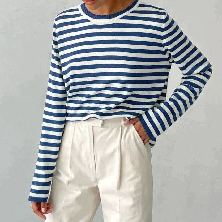 Gestreiftes Langarmshirt blau-weiß, Damenmode, Baumwolle, lässig, elegant, Herbstmode.