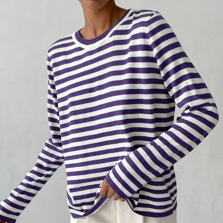 Lila-weiß gestreiftes Langarmshirt, Damenmode, Baumwolle, lässig, bequem, modisch.