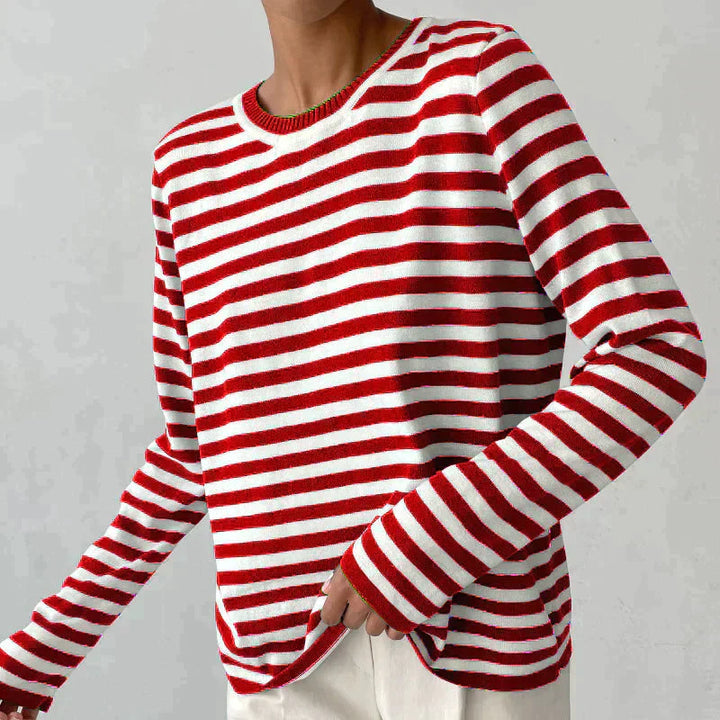 Rot-weiß gestreiftes Langarmshirt aus Baumwolle, Damenmode, lässig, stilvoll.