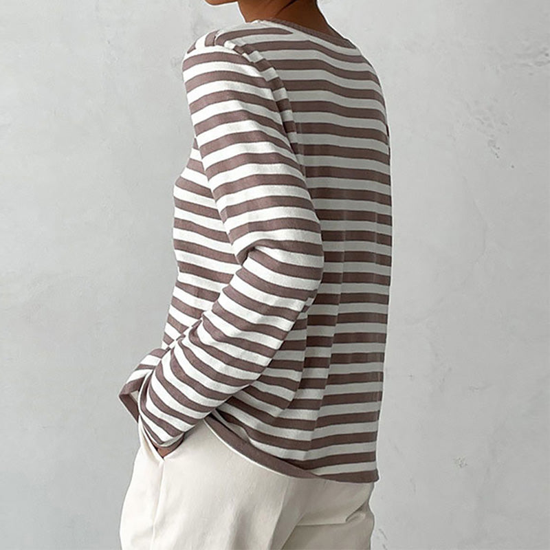 Gestreiftes Langarmshirt Damen, braun-weiß, Baumwolle, lässig, modisch, bequem.