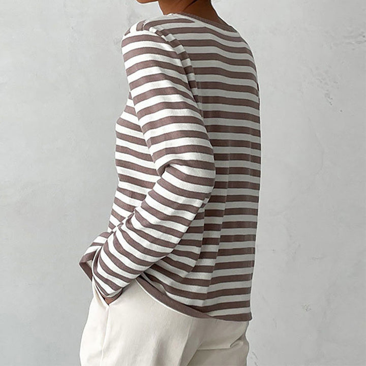Gestreiftes Langarmshirt Damen, braun-weiß, Baumwolle, lässig, modisch, bequem.