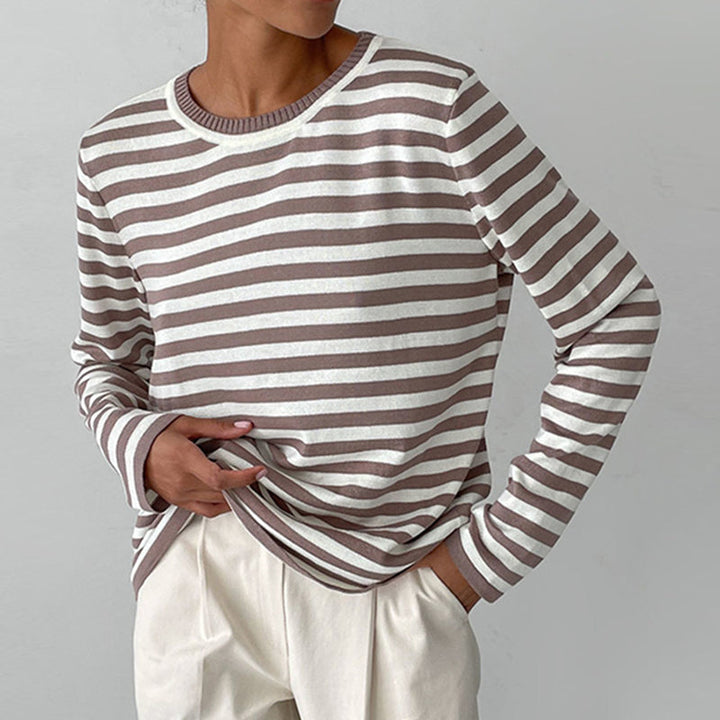 Gestreiftes Langarmshirt Damen, beige-weiß, Baumwolle, lässig, modisch, bequem.