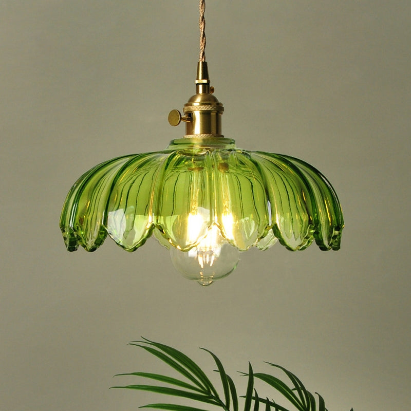 Vintage Glas Blumen Hängelampe mit Kupferfassung