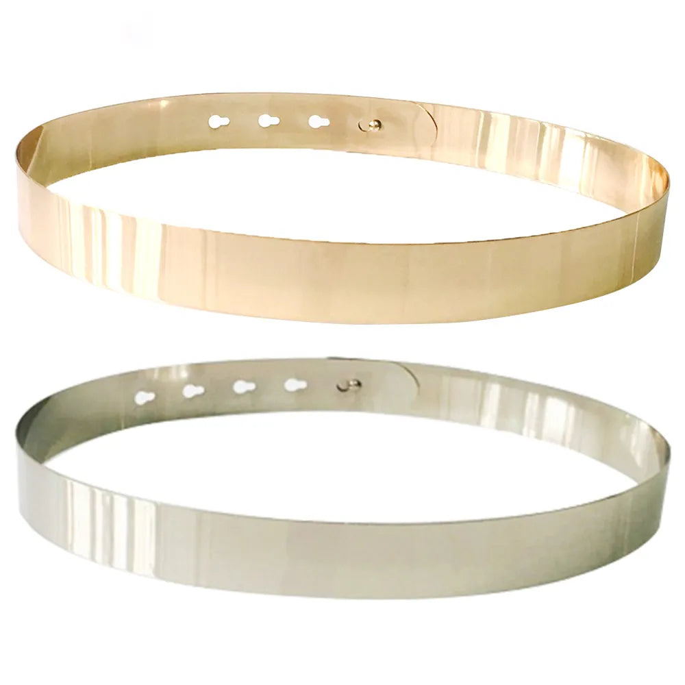 Zwei glänzende Metallgürtel, gold und silber, modisch, verstellbar, für Damen.