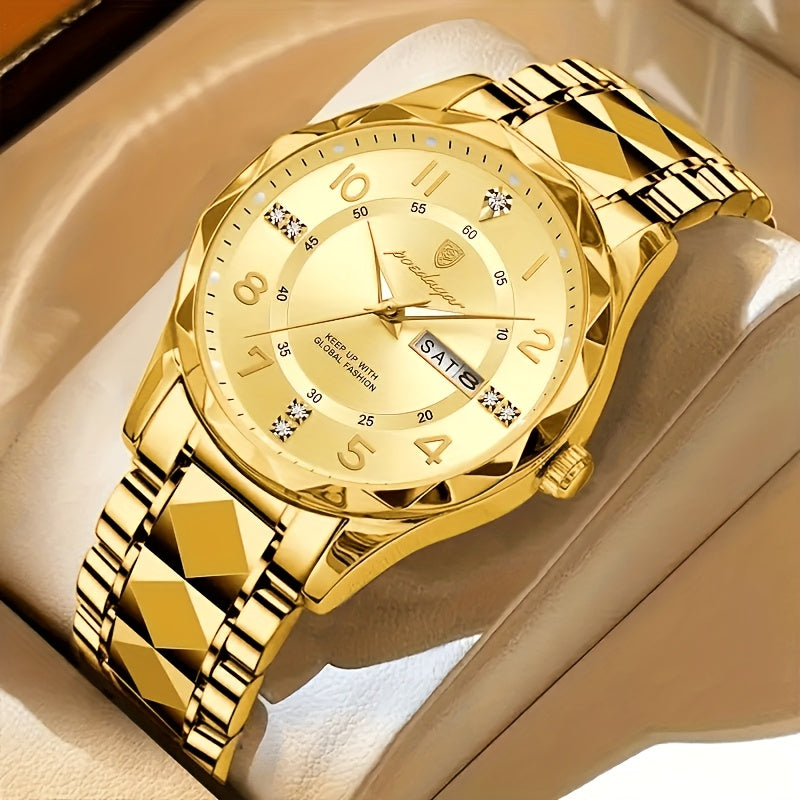 Goldene Herrenarmbanduhr mit Datumsanzeige, luxuriöses Design, Edelstahlarmband.