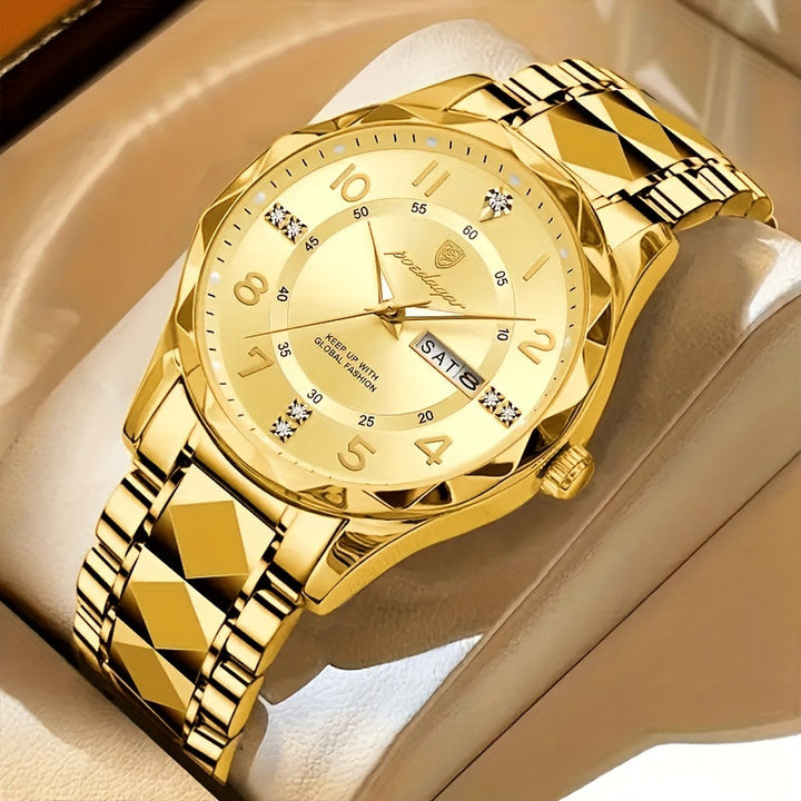 Goldene Herrenarmbanduhr mit Datumsanzeige, luxuriöses Design, Edelstahlarmband.