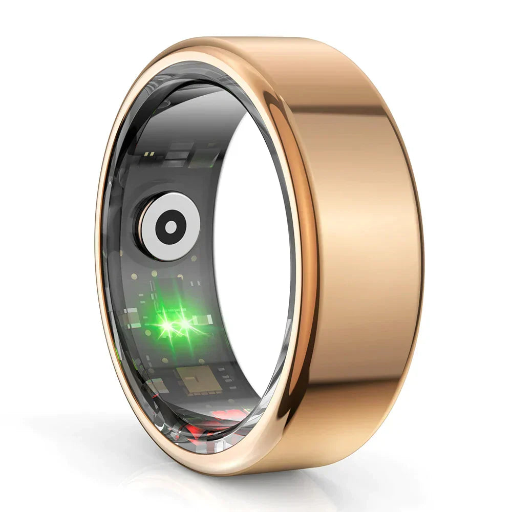 Goldener Smart-Ring mit Sensoren, Gesundheitsüberwachung, Edelstahl, elegantes Design.