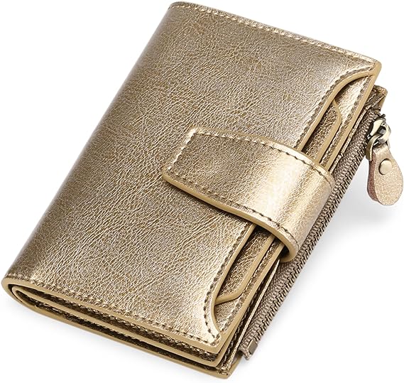 Goldene Leder-Geldbörse mit Reißverschluss und Druckknopf, stilvoll und kompakt.