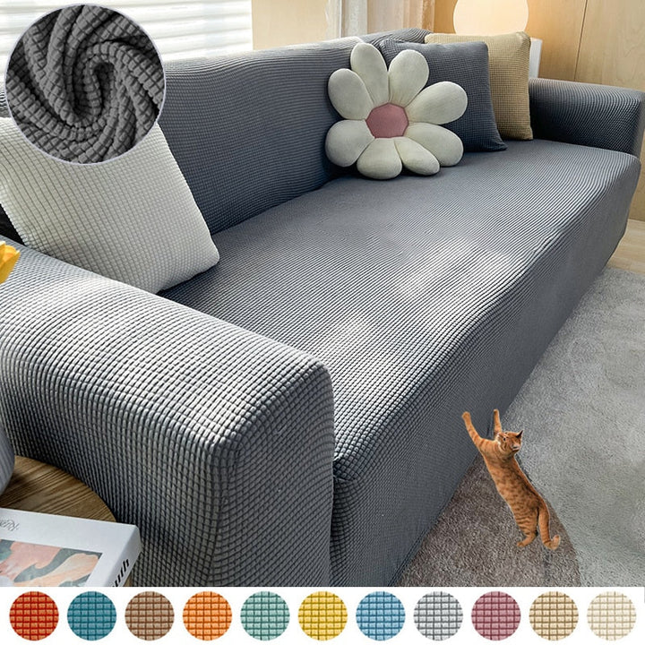 Graues Sofa mit strukturiertem Stoffbezug, dekoriert mit Kissen, Katze im Vordergrund.