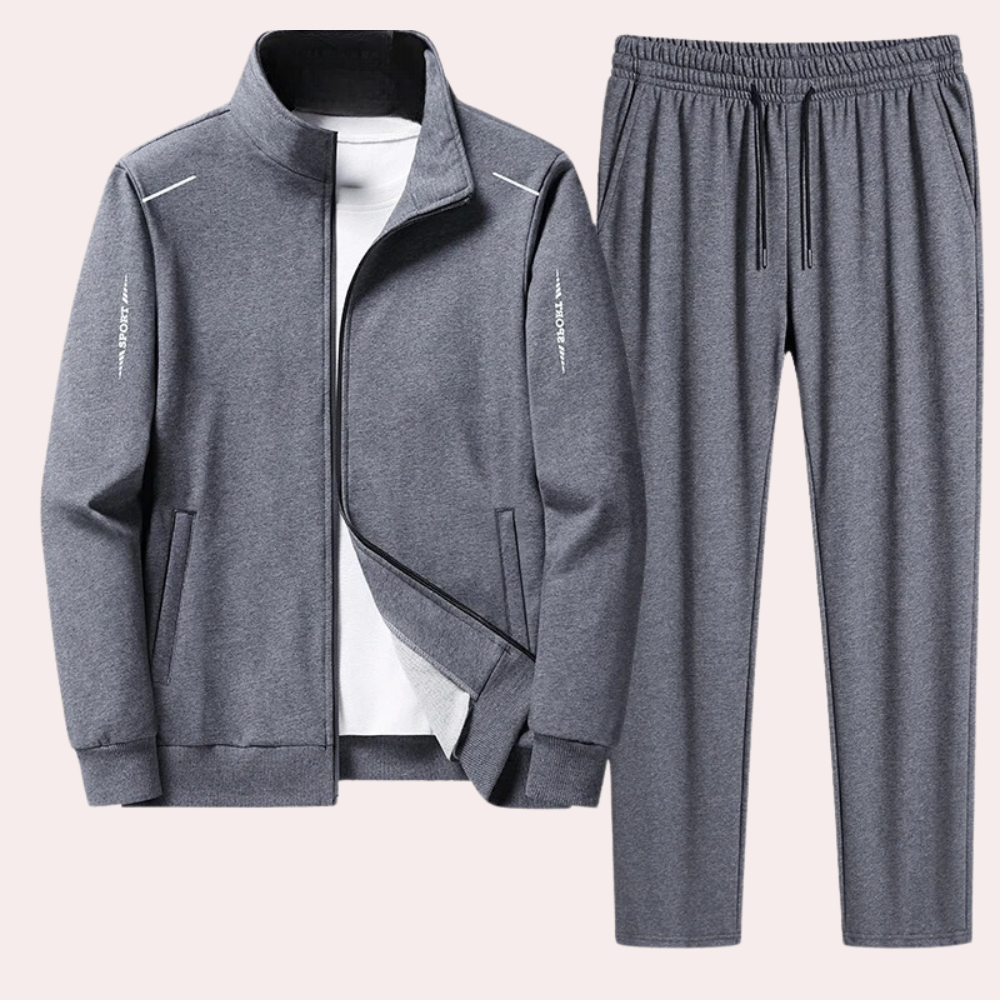 Grauer Herren-Trainingsanzug, Jacke und Hose, Sportbekleidung, bequem, atmungsaktiv.