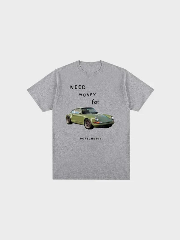 Graues T-Shirt mit grünem Porsche 911 Druck, Text "Need Money for Porsche 911".