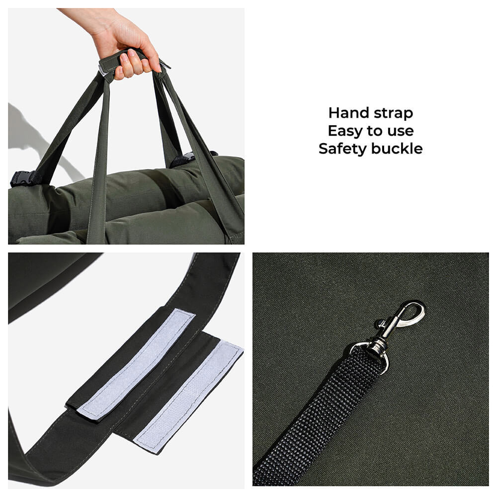 "Großer, tragbarer Hundeautositz in Blau mit Streifendesign, bietet Komfort und Sicherheit für Hunde während Autofahrten."