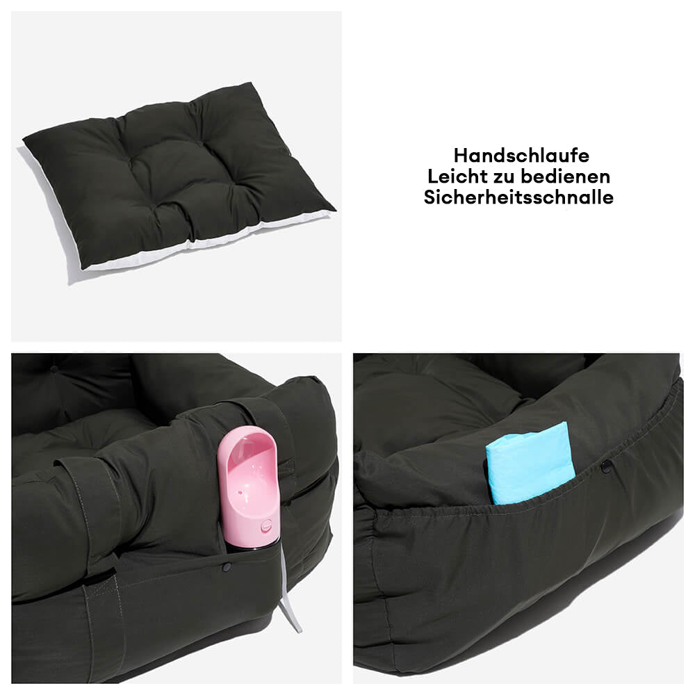 "Großer, tragbarer Hundeautositz in Blau mit Streifendesign, bietet Komfort und Sicherheit für Hunde während Autofahrten."