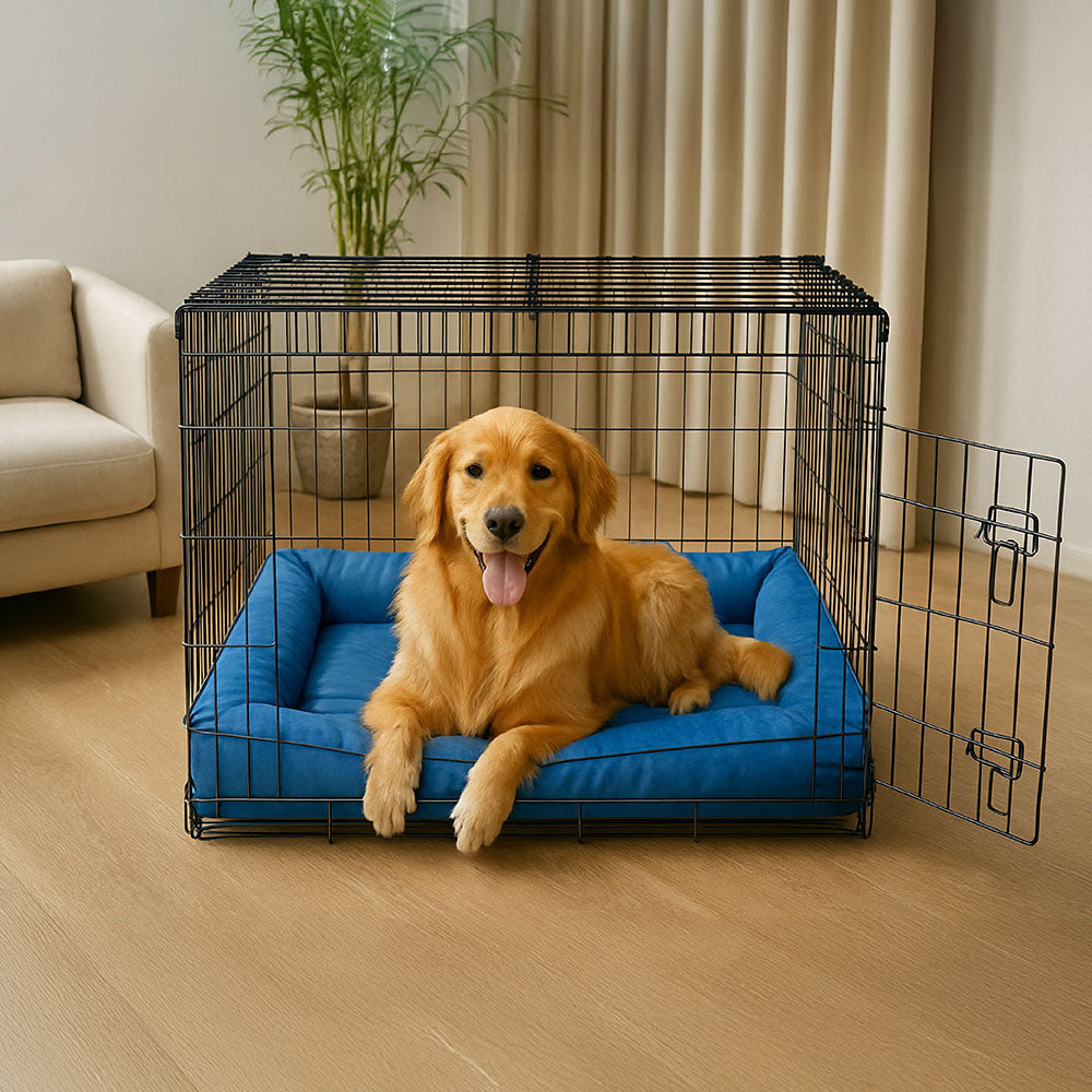 "Großes orthopädisches Hundebett, wasserdicht. Gemütliches Design mit robustem, kratzfestem Bezug und stützender Umrandung."