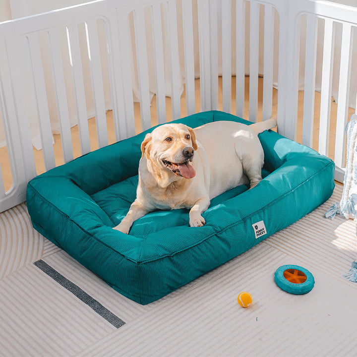 "Großes orthopädisches Hundebett, wasserdicht. Gemütliches Design mit robustem, kratzfestem Bezug und stützender Umrandung."