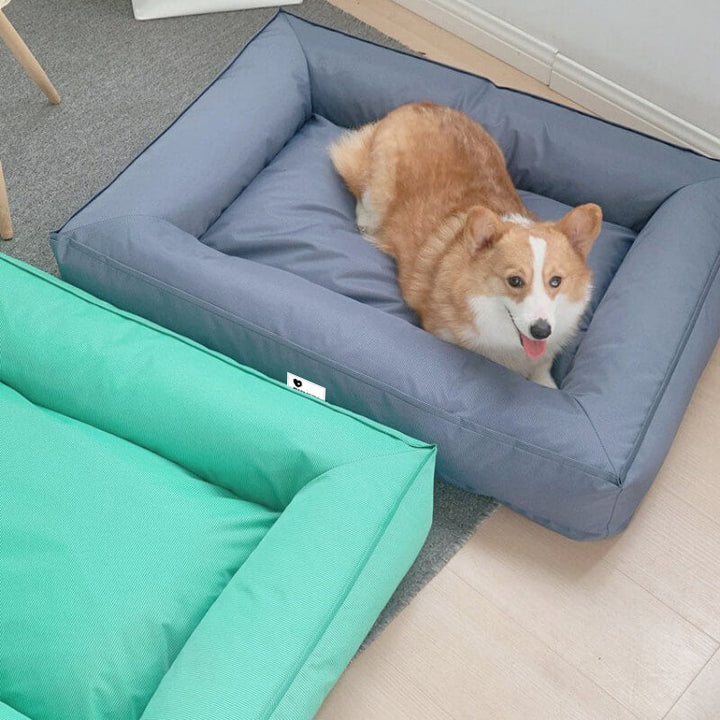 "Großes orthopädisches Hundebett, wasserdicht. Gemütliches Design mit robustem, kratzfestem Bezug und stützender Umrandung."