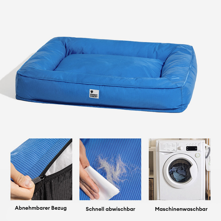 "Großes orthopädisches Hundebett, wasserdicht. Gemütliches Design mit robustem, kratzfestem Bezug und stützender Umrandung."