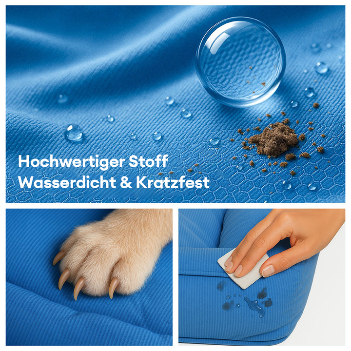 "Großes orthopädisches Hundebett, wasserdicht. Gemütliches Design mit robustem, kratzfestem Bezug und stützender Umrandung."