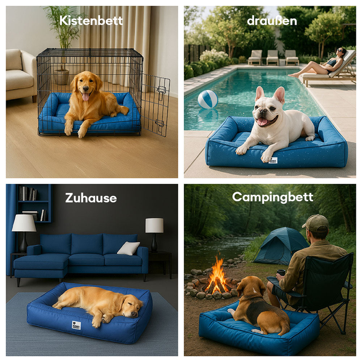 "Großes orthopädisches Hundebett, wasserdicht. Gemütliches Design mit robustem, kratzfestem Bezug und stützender Umrandung."