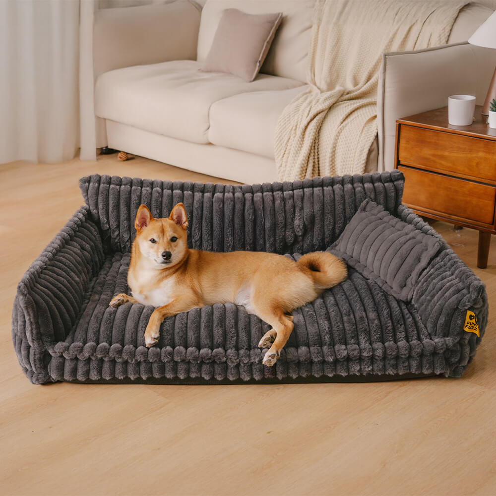 "Großes orthopädisches Hundekissen, flauschig, waschbar, mit weichem Lammfellimitat und ergonomischem Design für Komfort."