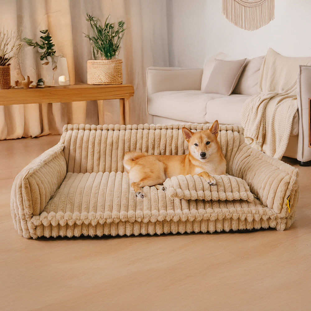 "Großes orthopädisches Hundekissen, flauschig, waschbar, mit weichem Lammfellimitat und ergonomischem Design für Komfort."