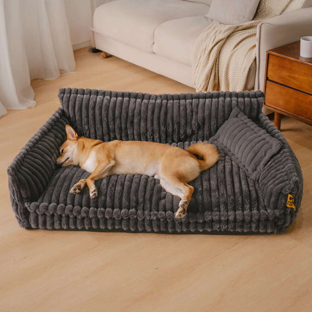"Großes orthopädisches Hundekissen, flauschig, waschbar, mit weichem Lammfellimitat und ergonomischem Design für Komfort."