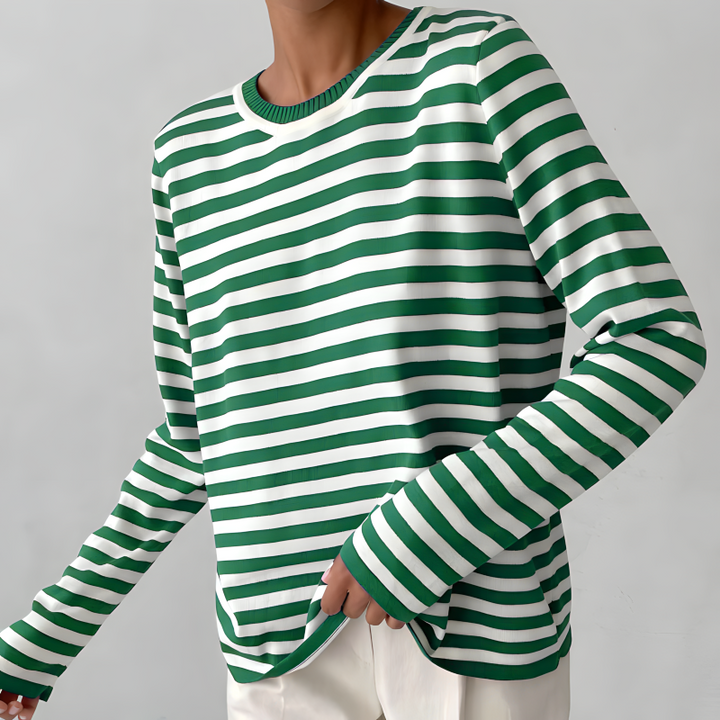 Grün-weiß gestreiftes Langarmshirt aus Baumwolle, lässig, modisch, Damenmode.