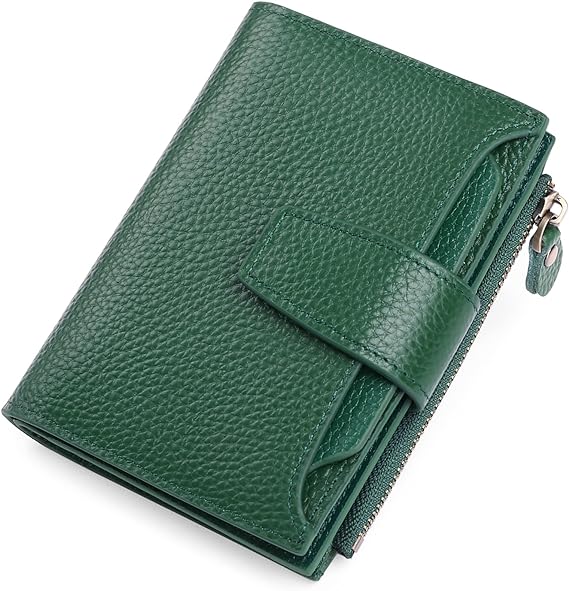 Grüne Leder-Geldbörse mit Reißverschluss, kompakt, stilvoll, Damen-Accessoire.