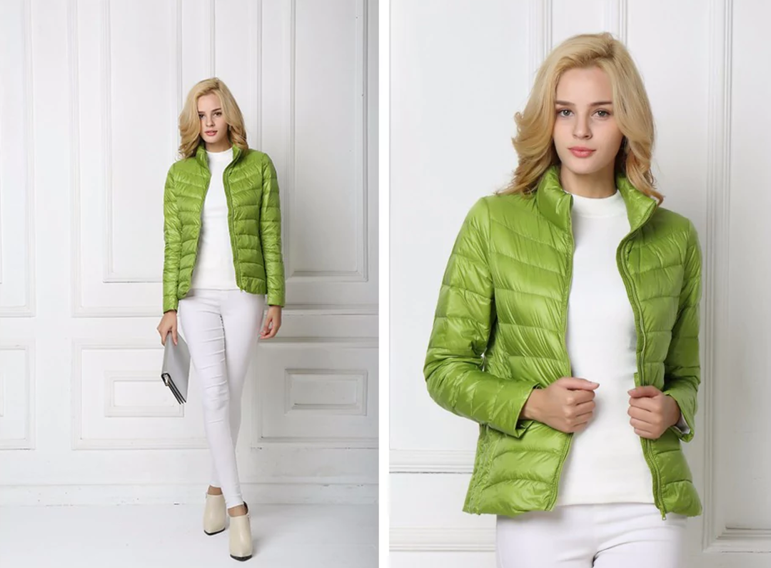 Damen Daunenjacke grün, leicht, warm, modisch, ideal für Herbst/Winter, stilvoller Look.
