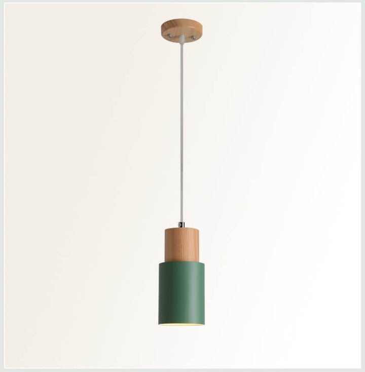 Grüne Pendelleuchte aus Holz und Metall, skandinavisches Design, moderne Innenbeleuchtung.